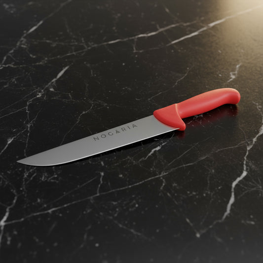 Cuchillo Carnicero 20cm Nogaria Inyectado Rojo – Acero Mova, Mango Ergonómico – Profesional y Duradero