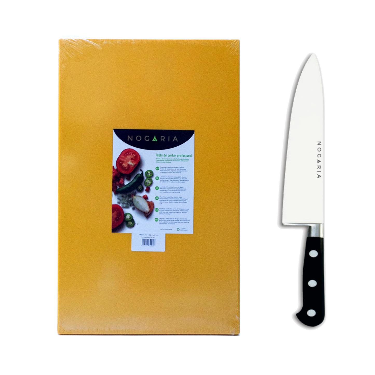 Pack Profesional NOGARIA – Cuchillo Chef Forjado 20 cm + Tabla de Polietileno 530x325x20 mm