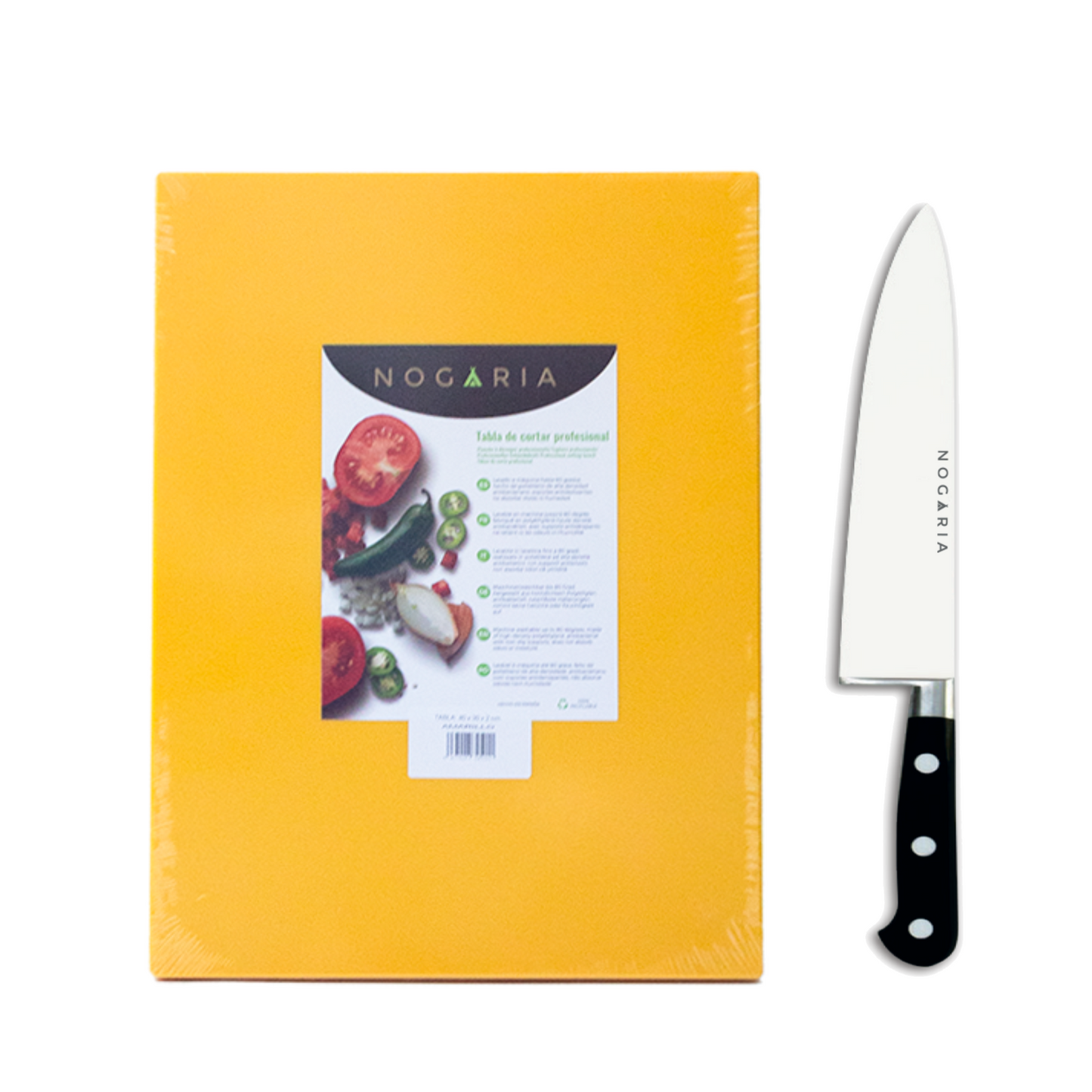 Pack Profesional NOGARIA – Cuchillo Chef Forjado 20 cm + Tabla de Polietileno 400x300x20 mm