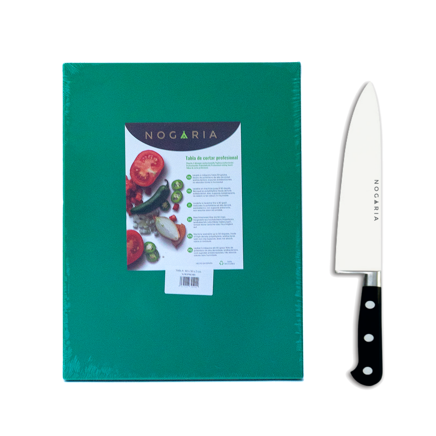 Pack Profesional NOGARIA – Cuchillo Chef Forjado 20 cm + Tabla de Polietileno 400x300x20 mm