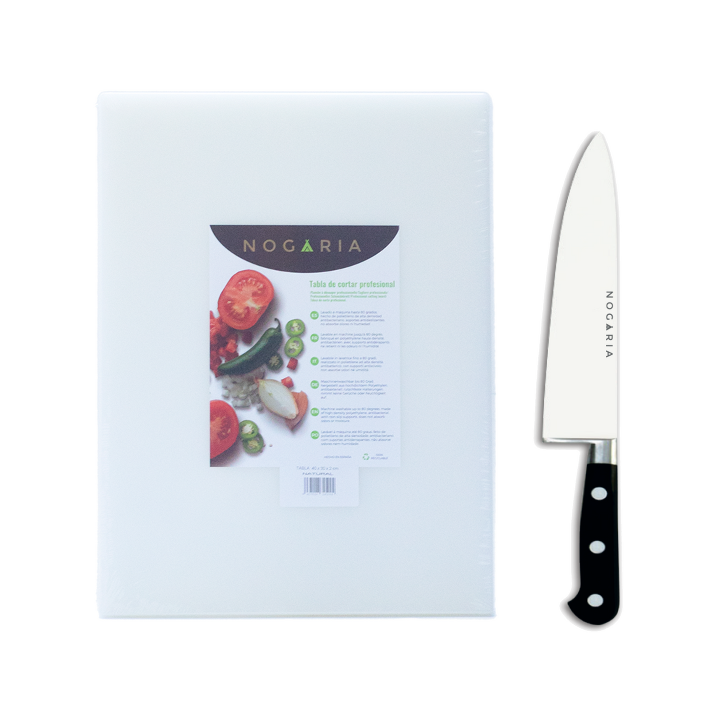 Pack Profesional NOGARIA – Cuchillo Chef Forjado 20 cm + Tabla de Polietileno 400x300x20 mm