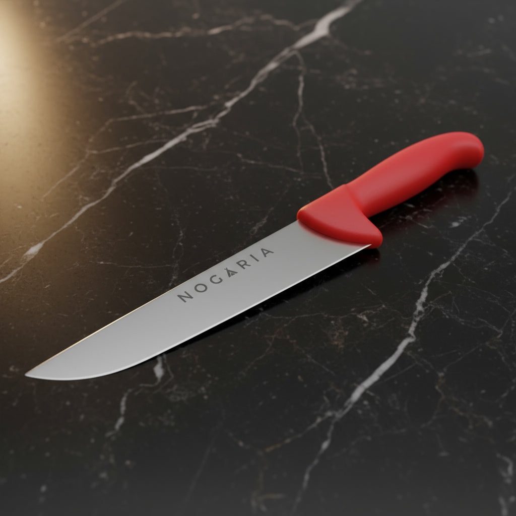 Cuchillo Carnicero 20cm Nogaria Inyectado Rojo – Acero Mova, Mango Ergonómico – Profesional y Duradero