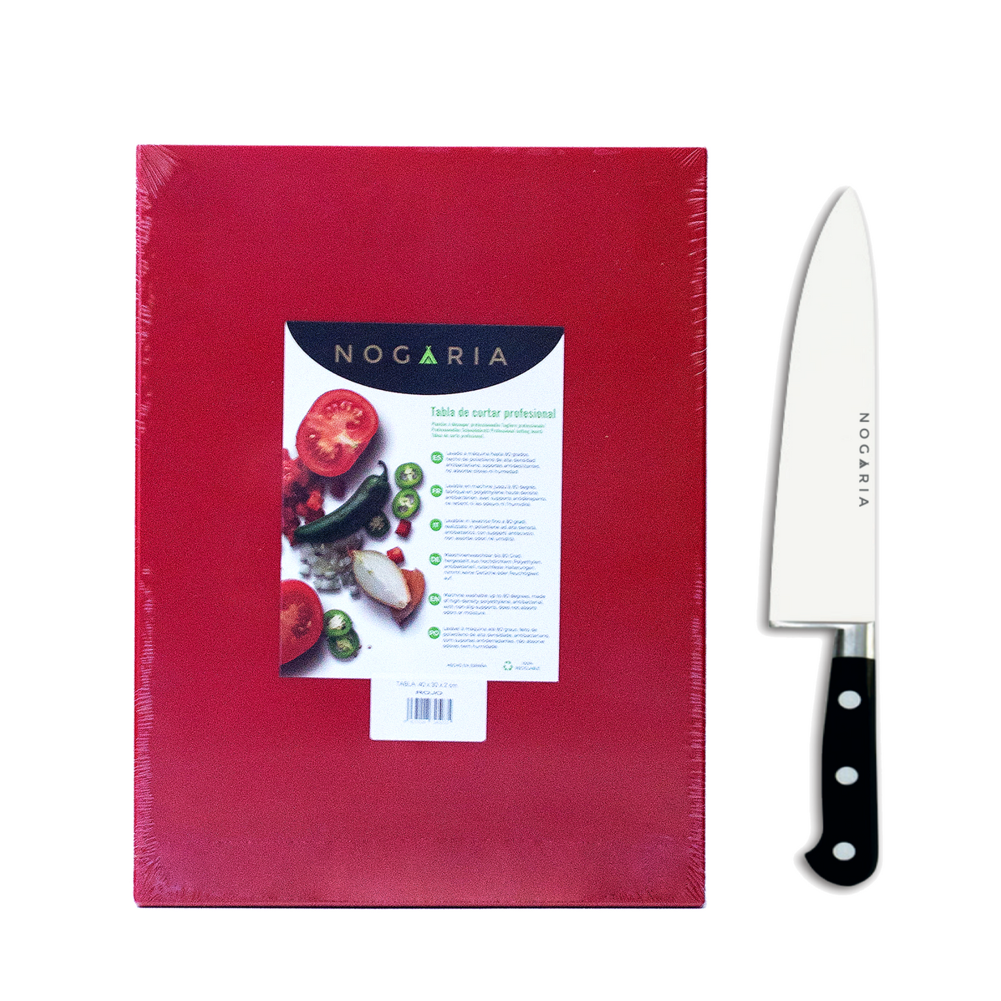 Pack Profesional NOGARIA – Cuchillo Chef Forjado 20 cm + Tabla de Polietileno 400x300x20 mm