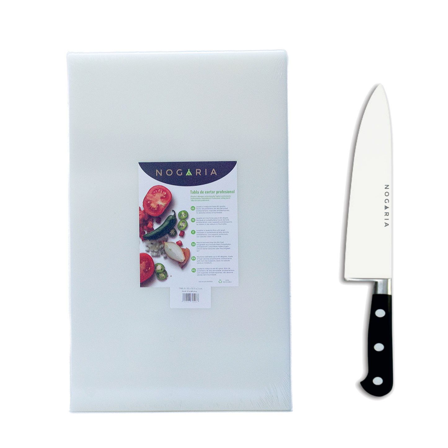 Pack Profesional NOGARIA – Cuchillo Chef Forjado 20 cm + Tabla de Polietileno 530x325x20 mm