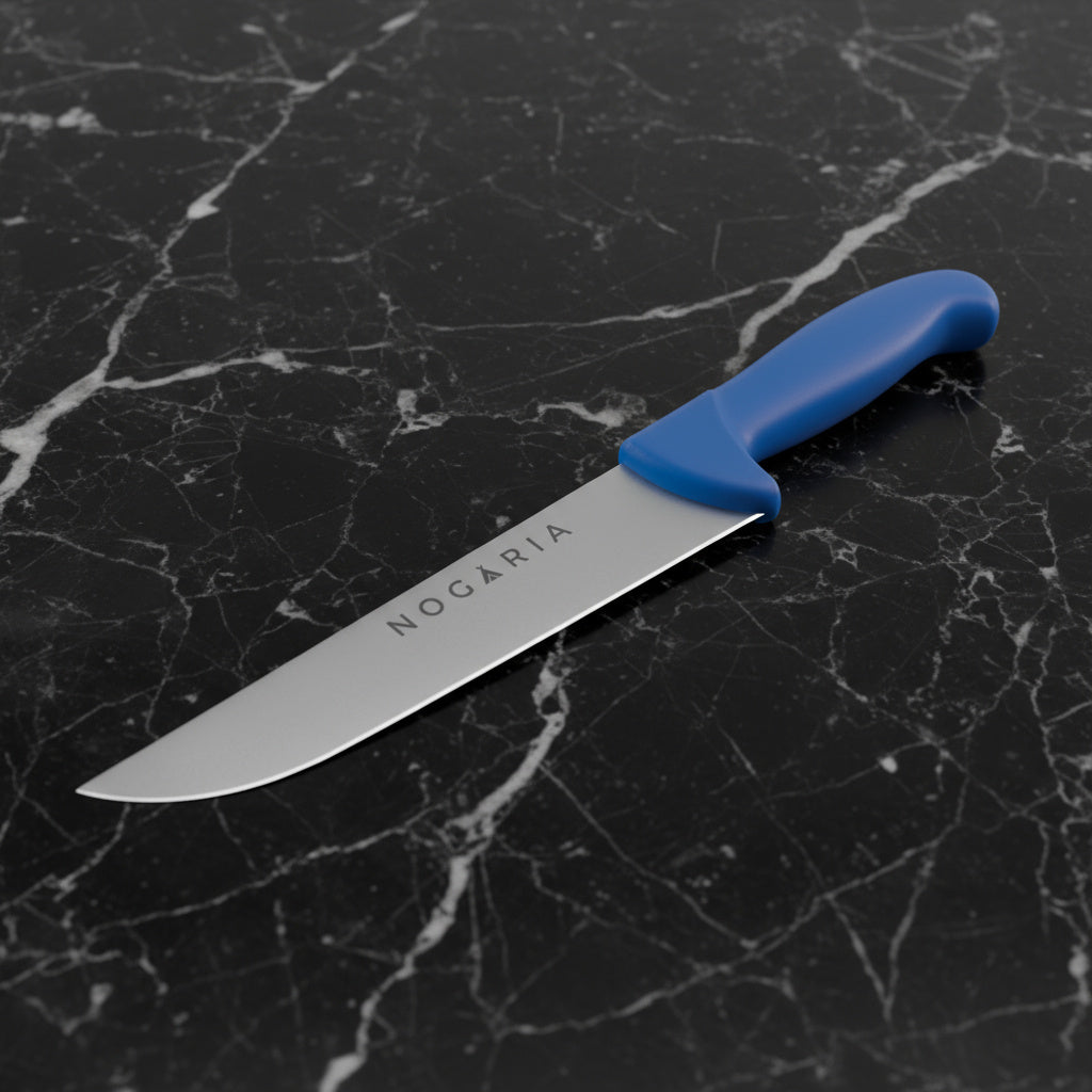 Cuchillo Carnicero 20cm Nogaria Inyectado Azul – Acero Mova, Mango Ergonómico – Profesional y Duradero