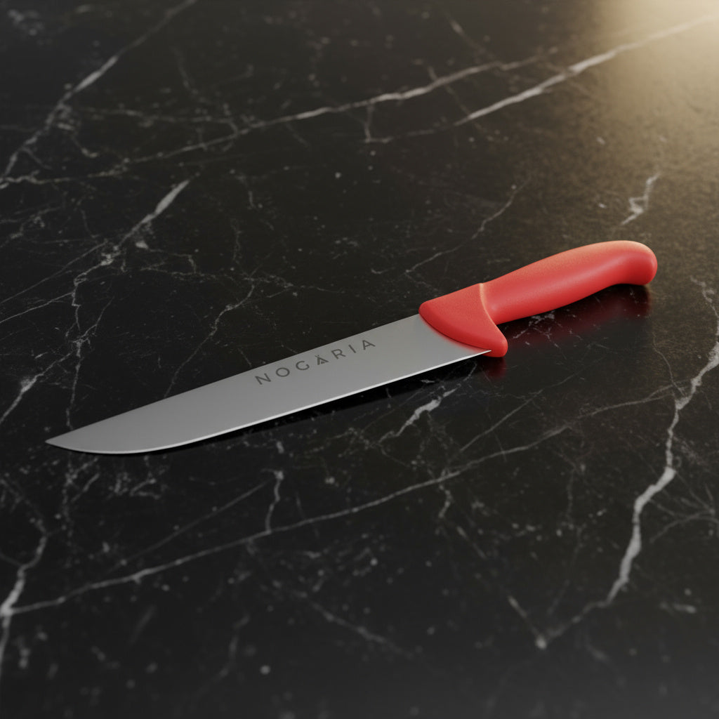 Cuchillo Carnicero 20cm Nogaria Inyectado Rojo – Acero Mova, Mango Ergonómico – Profesional y Duradero