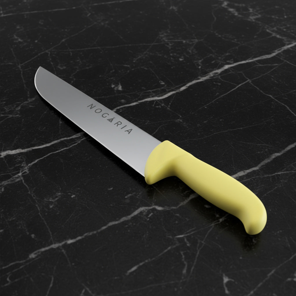 Cuchillo Carnicero 25cm Nogaria Inyectado Amarillo – Acero Mova, Mango Ergonómico – Profesional y Duradero