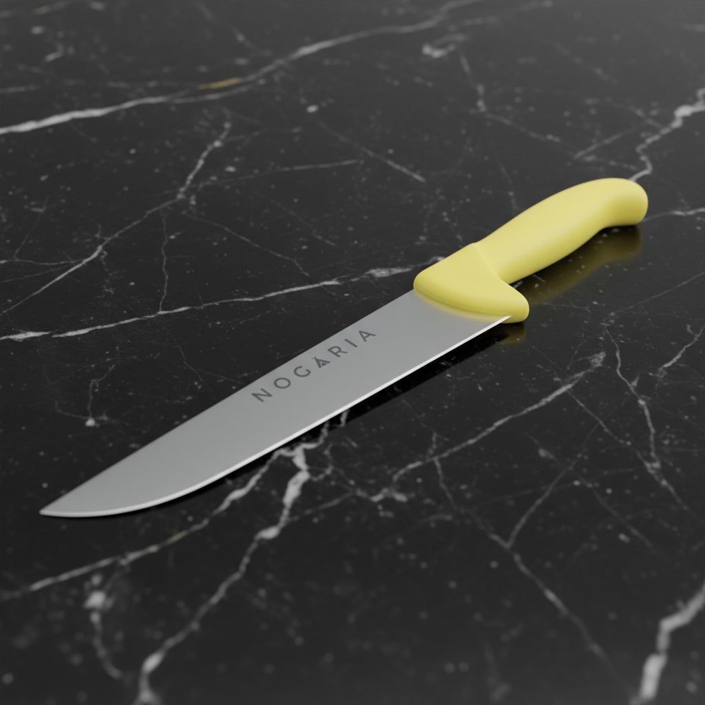 Cuchillo Carnicero 25cm Nogaria Inyectado Amarillo – Acero Mova, Mango Ergonómico – Profesional y Duradero