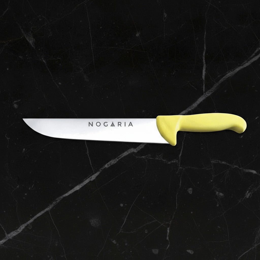 Cuchillo Carnicero 35cm Nogaria Inyectado Amarillo – Acero Mova, Mango Ergonómico – Profesional y Duradero