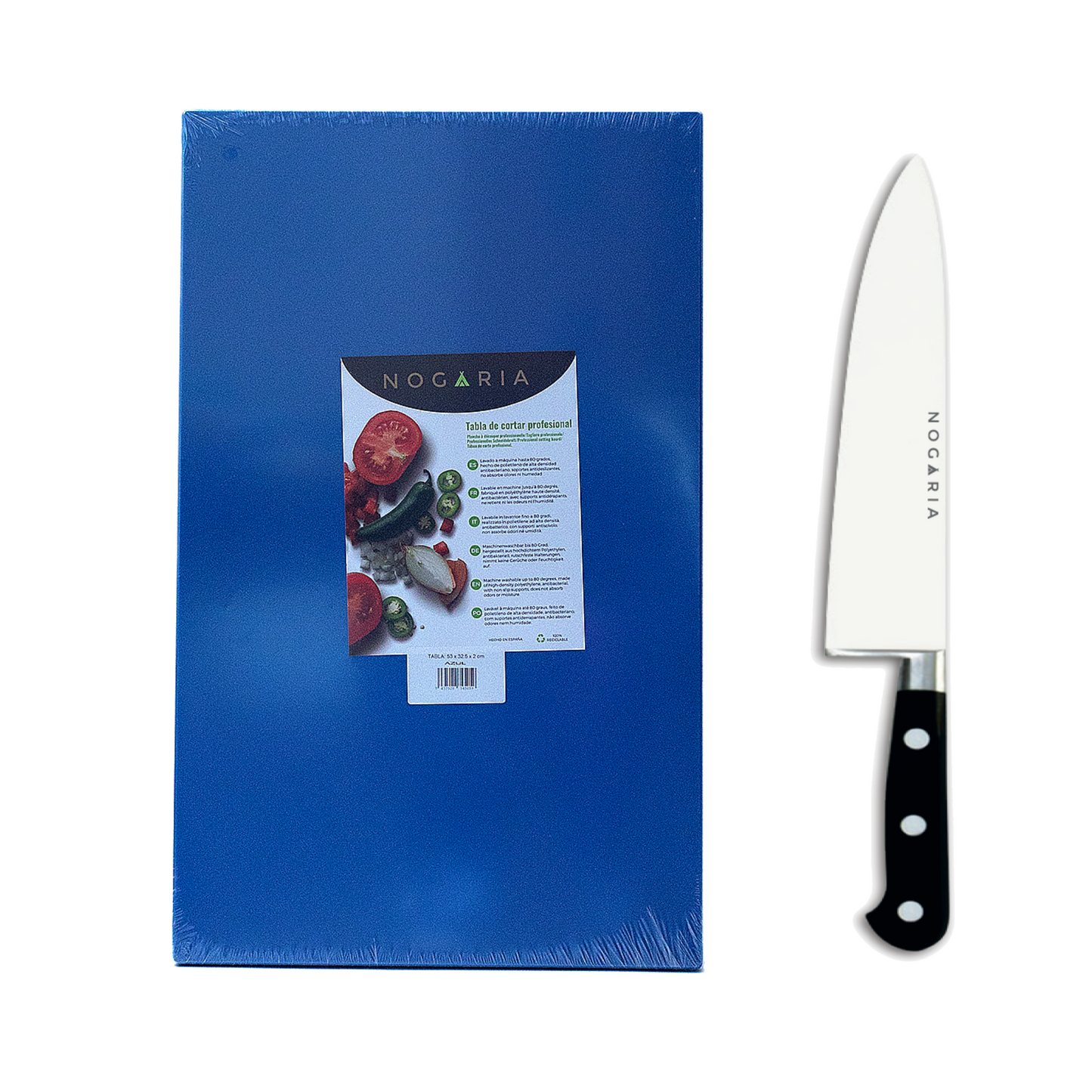 Pack Profesional NOGARIA – Cuchillo Chef Forjado 20 cm + Tabla de Polietileno 530x325x20 mm