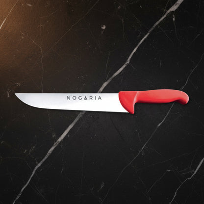 Cuchillo Carnicero 20cm Nogaria Inyectado Rojo – Acero Mova, Mango Ergonómico – Profesional y Duradero