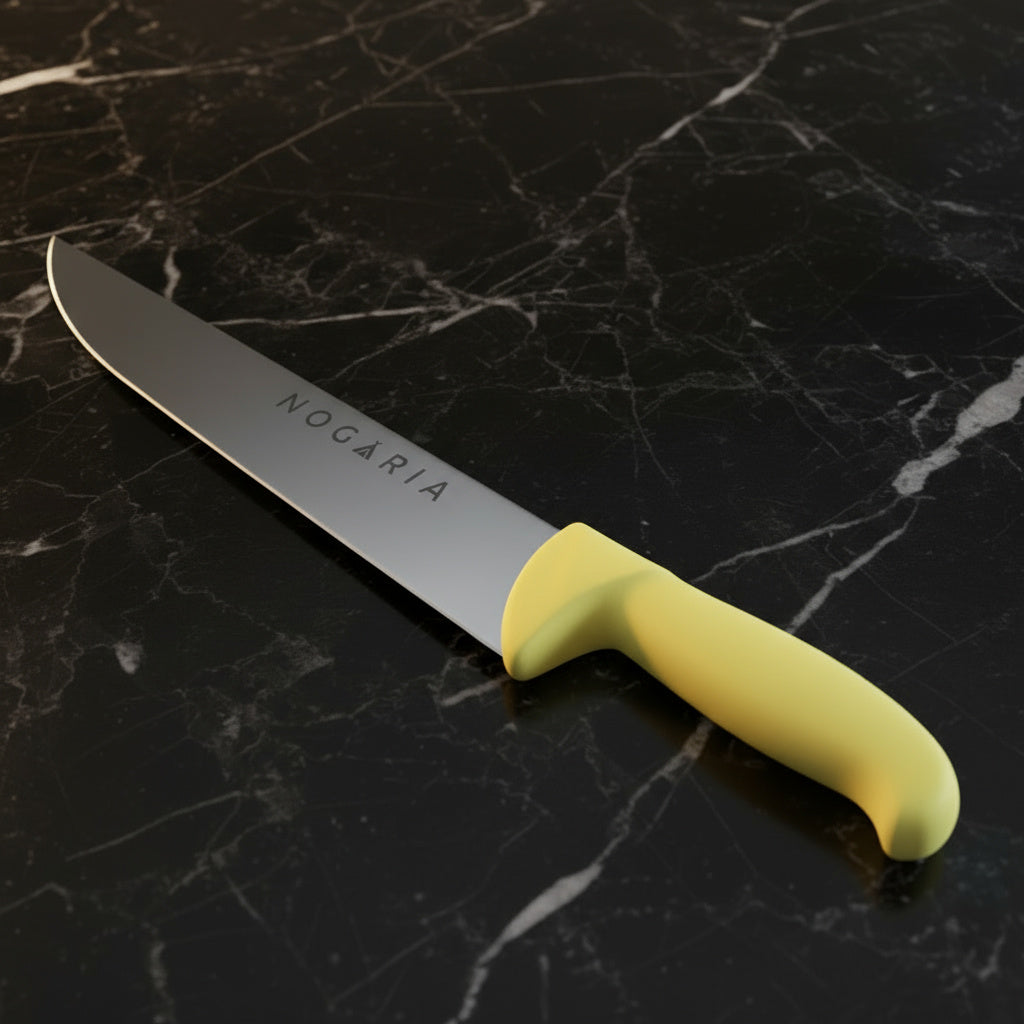 Cuchillo Carnicero 35cm Nogaria Inyectado Amarillo – Acero Mova, Mango Ergonómico – Profesional y Duradero