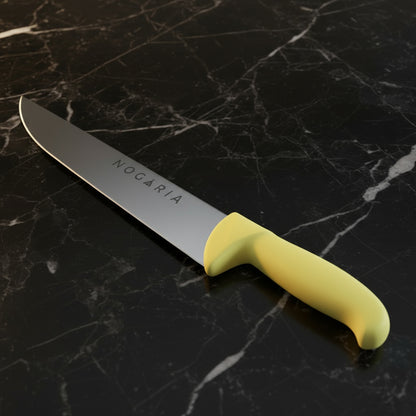 Cuchillo Carnicero 35cm Nogaria Inyectado Amarillo – Acero Mova, Mango Ergonómico – Profesional y Duradero