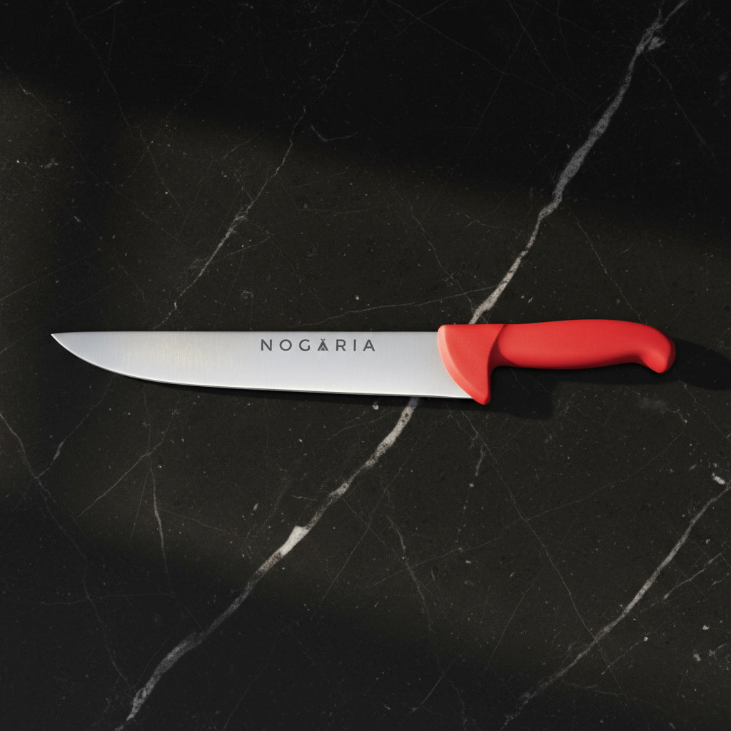 Cuchillo Carnicero 25cm Nogaria Inyectado Rojo – Acero Mova, Mango Ergonómico – Profesional y Duradero