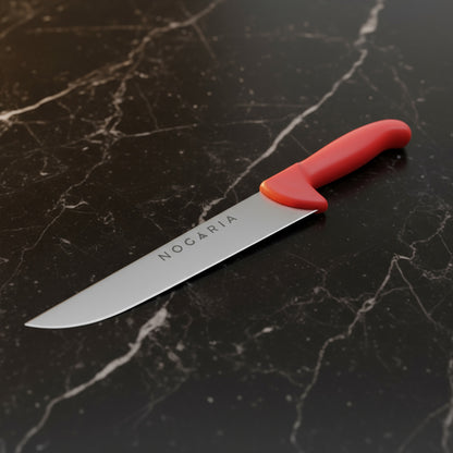 Cuchillo Carnicero 25cm Nogaria Inyectado Rojo – Acero Mova, Mango Ergonómico – Profesional y Duradero