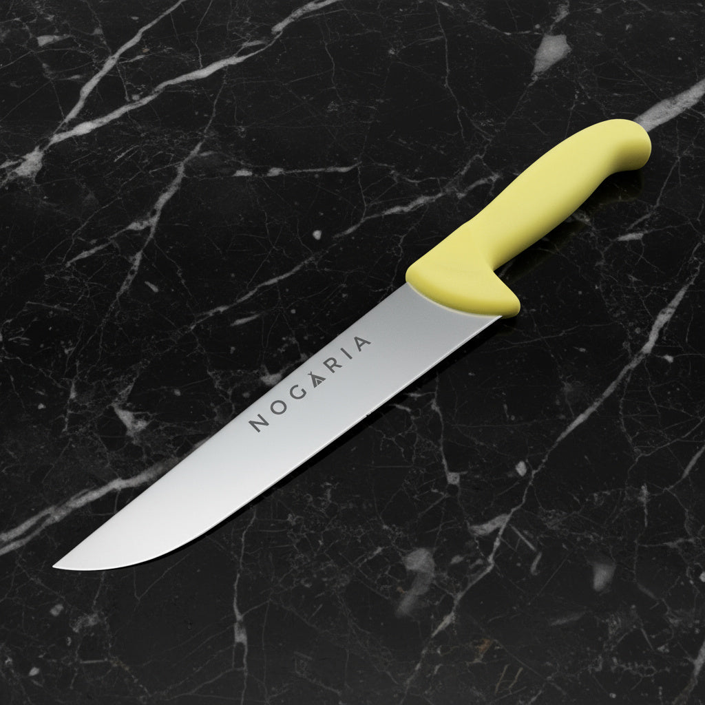 Cuchillo Carnicero 30cm Nogaria Inyectado Amarillo – Acero Mova, Mango Ergonómico – Profesional y Duradero